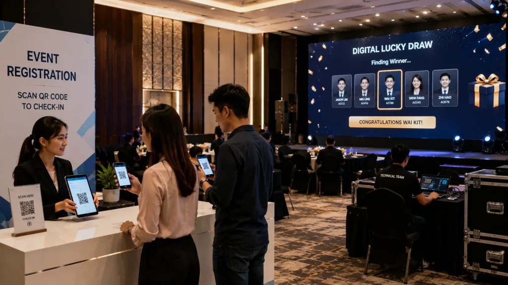 Practical interactive event technology setup combining QR registration and a digital lucky draw.