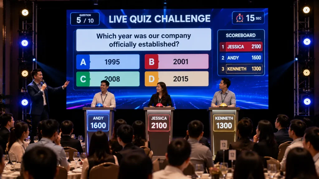 Big screen interactive quiz with live participants at a corporate event in Malaysia.
