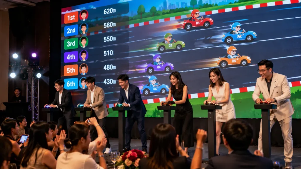 Big screen interactive game engaging employees and guests during a corporate annual dinner.