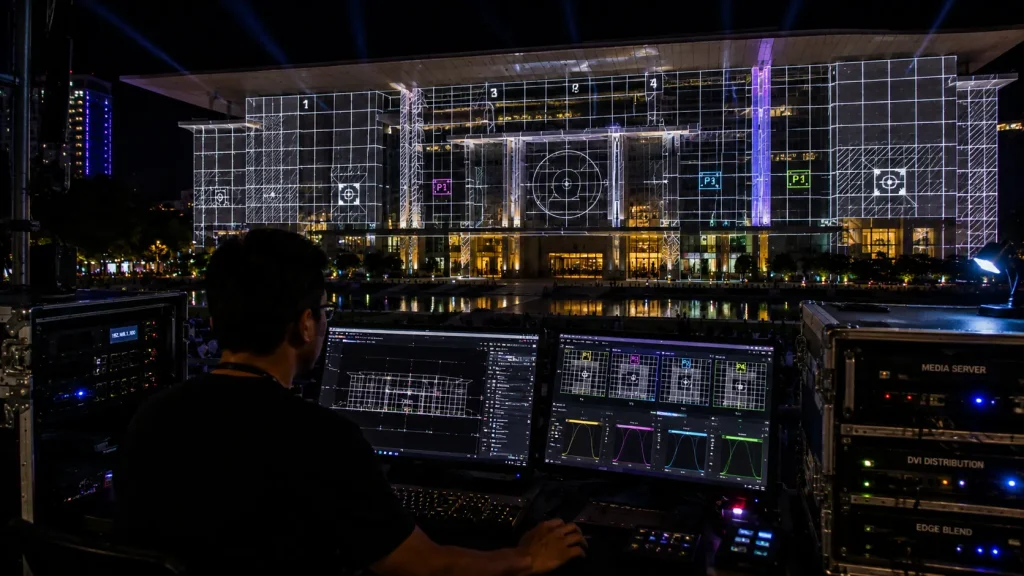 Building projection mapping calibration and edge blending during nighttime technical testing in Malaysia.