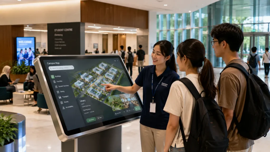 New students using an interactive campus map during university orientation