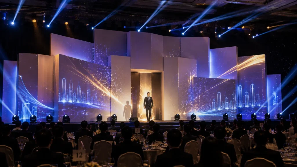 Corporate event opening show using projection mapping, stage lighting and customised visual effects in Malaysia.