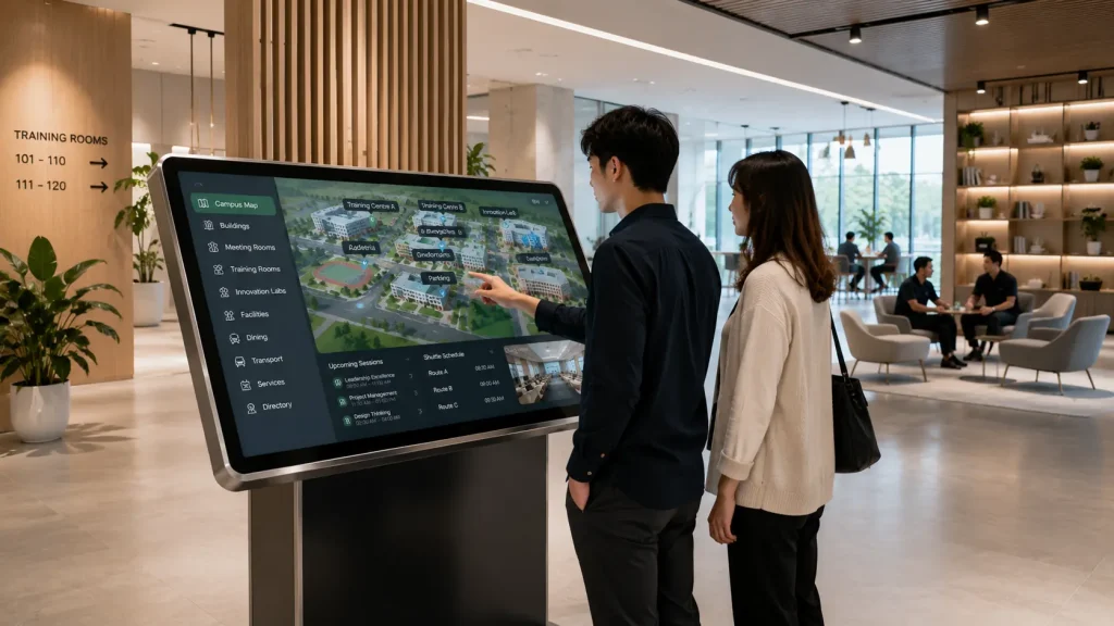 Interactive touchscreen directory inside a corporate training campus