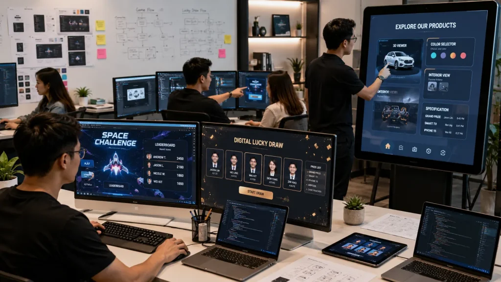 Custom interactive event software and touchscreen applications being developed and tested in Malaysia.