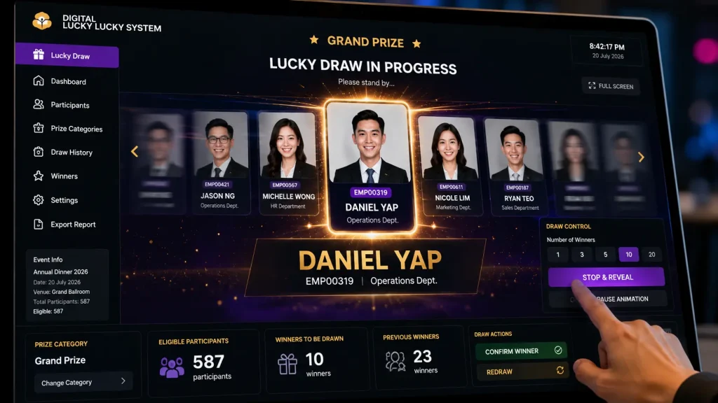 Custom cowboy-themed digital lucky draw interface for a corporate annual dinner in Malaysia.