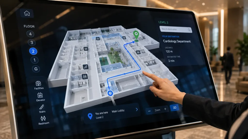 Interactive digital floor map showing an animated navigation route inside a commercial building.