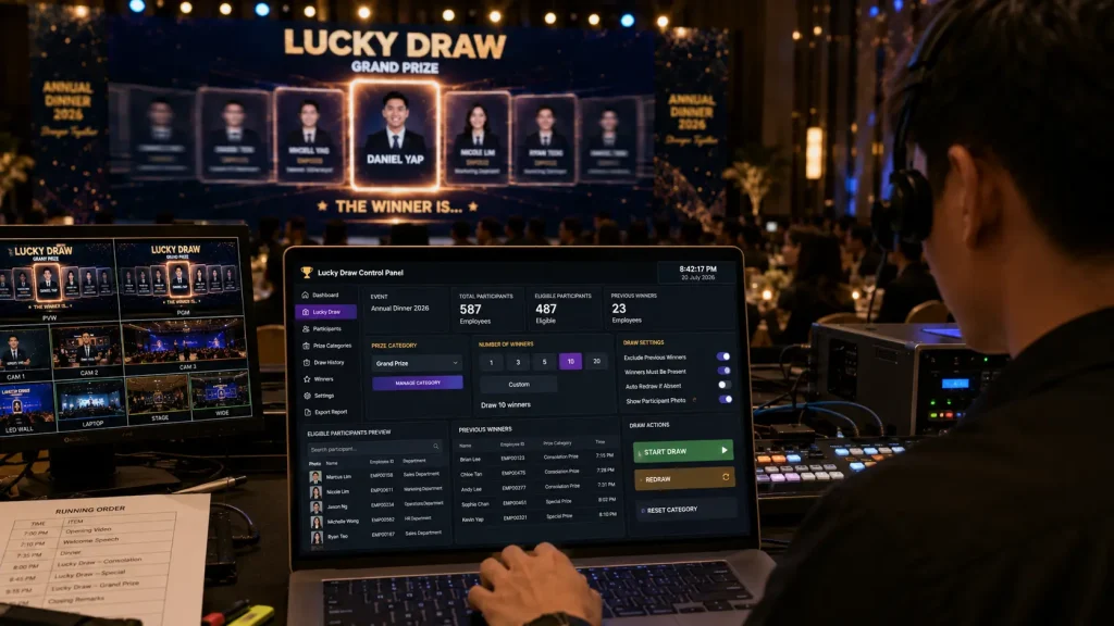 Digital lucky draw operator control panel managing prize categories, participants and previous winners.
