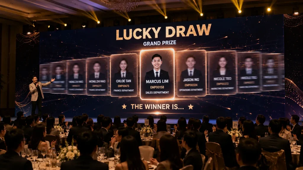 Digital Lucky Draw System displaying a live winner selection on a large LED screen at a corporate event in Malaysia.