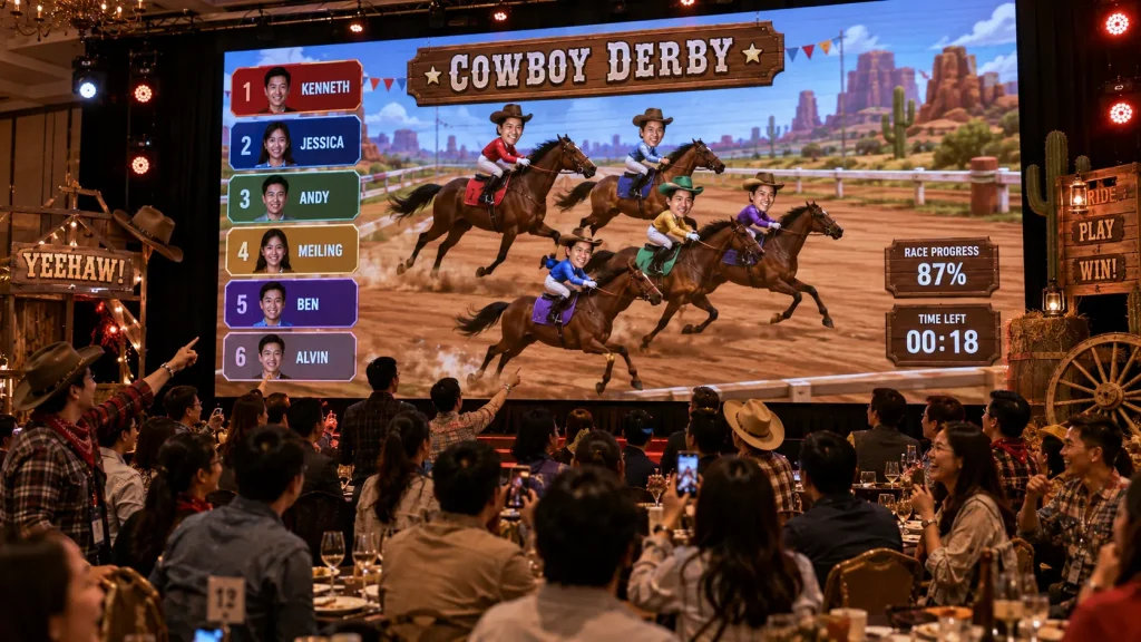 Custom employee face horse racing game displayed on a large LED screen during a themed annual dinner.