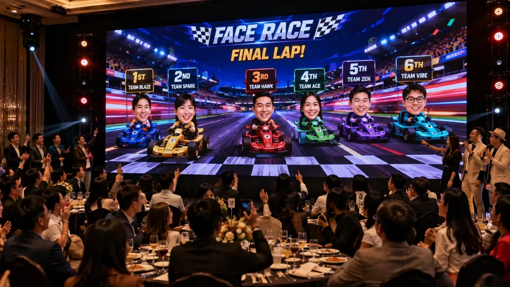 Employee face racing game displayed on a large LED screen during a corporate annual dinner.