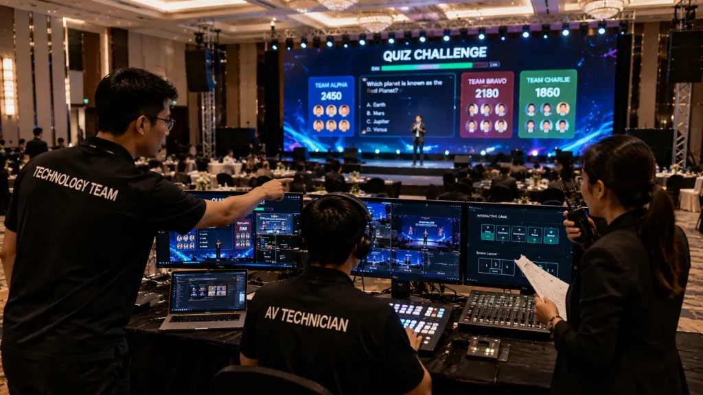 Event technology, AV and event production teams collaborating during a technical rehearsal in Malaysia.