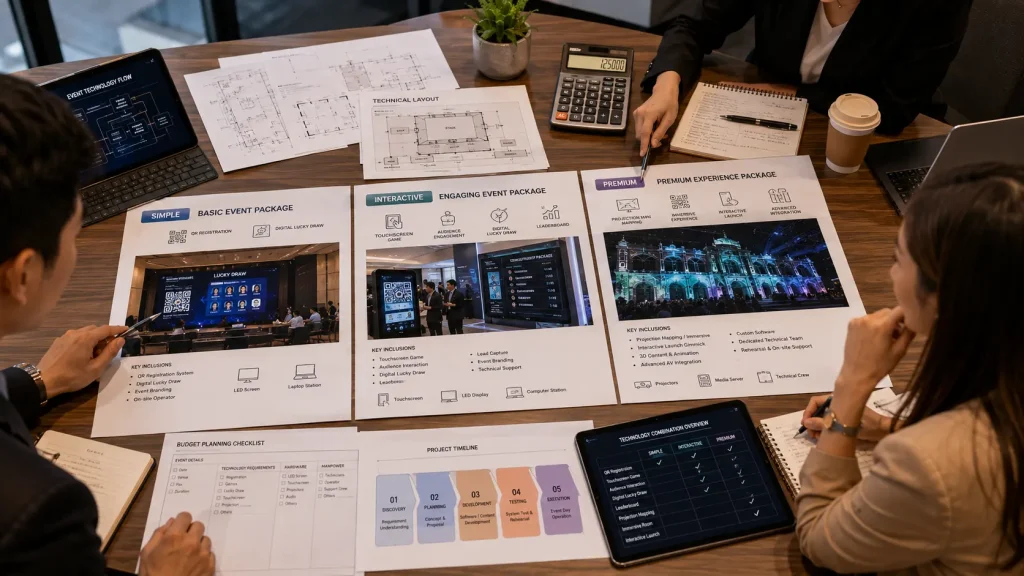 Comparison of different interactive event technology scopes and budget levels for events in Malaysia.