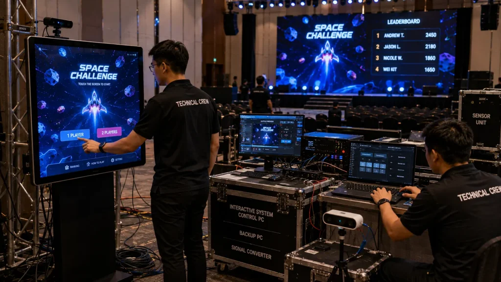 Technical team testing touchscreen hardware, computers and LED integration before a corporate event.