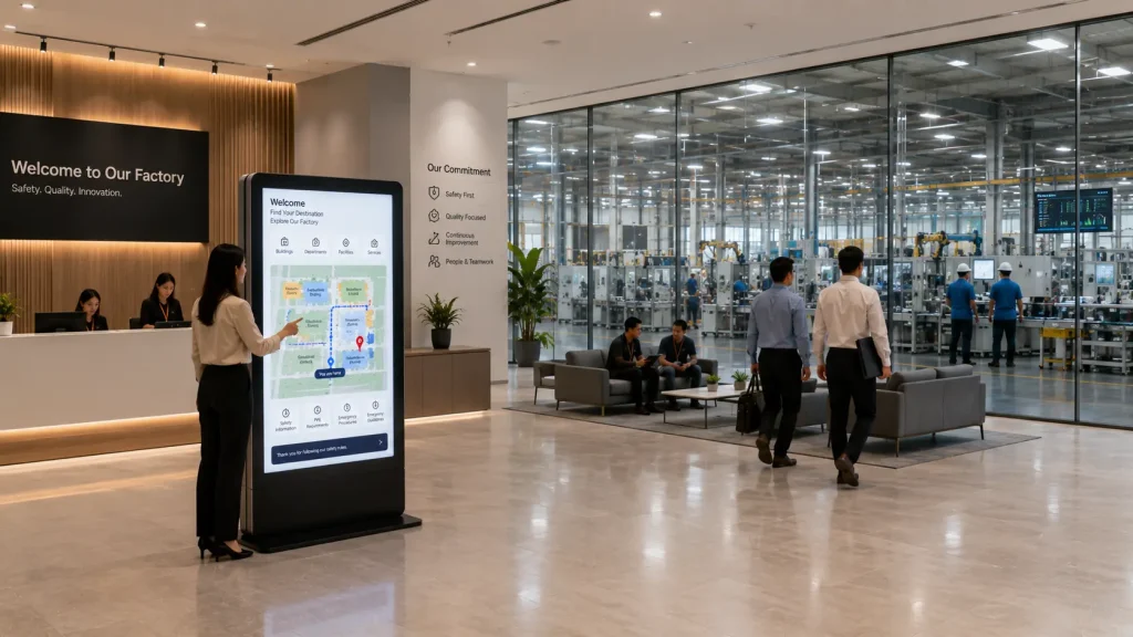 Interactive wayfinding system helping visitors navigate multiple buildings across a large manufacturing campus.