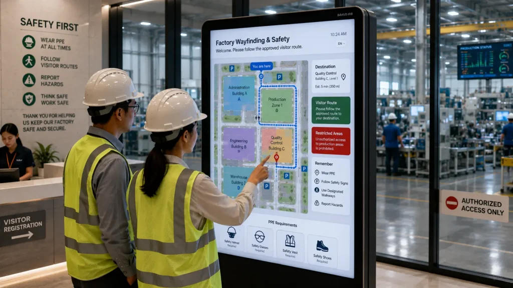 Interactive factory wayfinding system displaying visitor routes, restricted zones and PPE safety information.