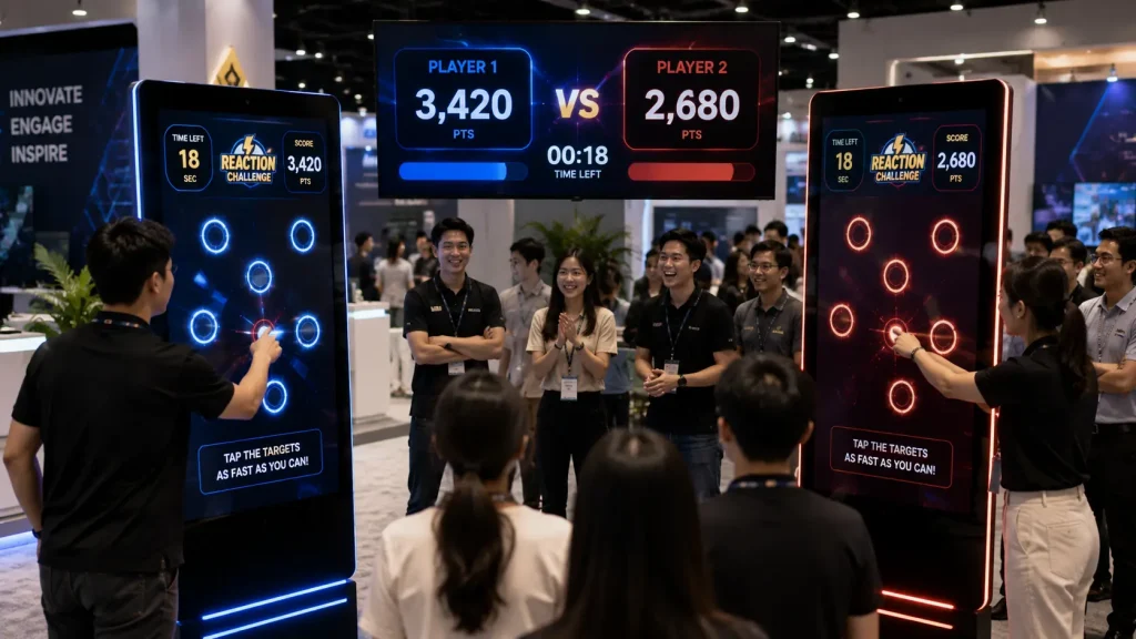 Two participants competing in a head-to-head interactive touchscreen game at a corporate event.