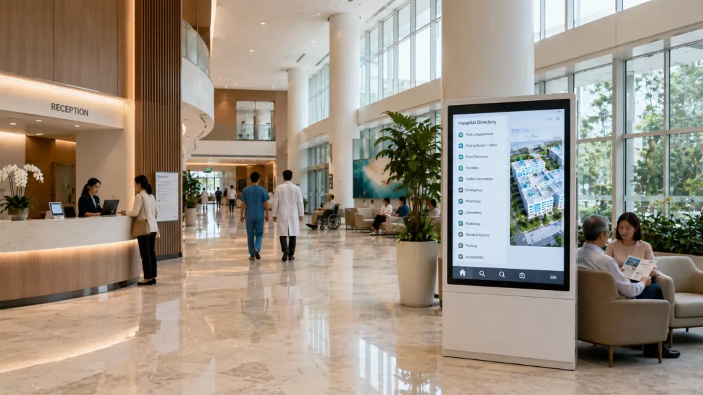 Interactive hospital directory kiosk inside a modern Malaysian hospital lobby