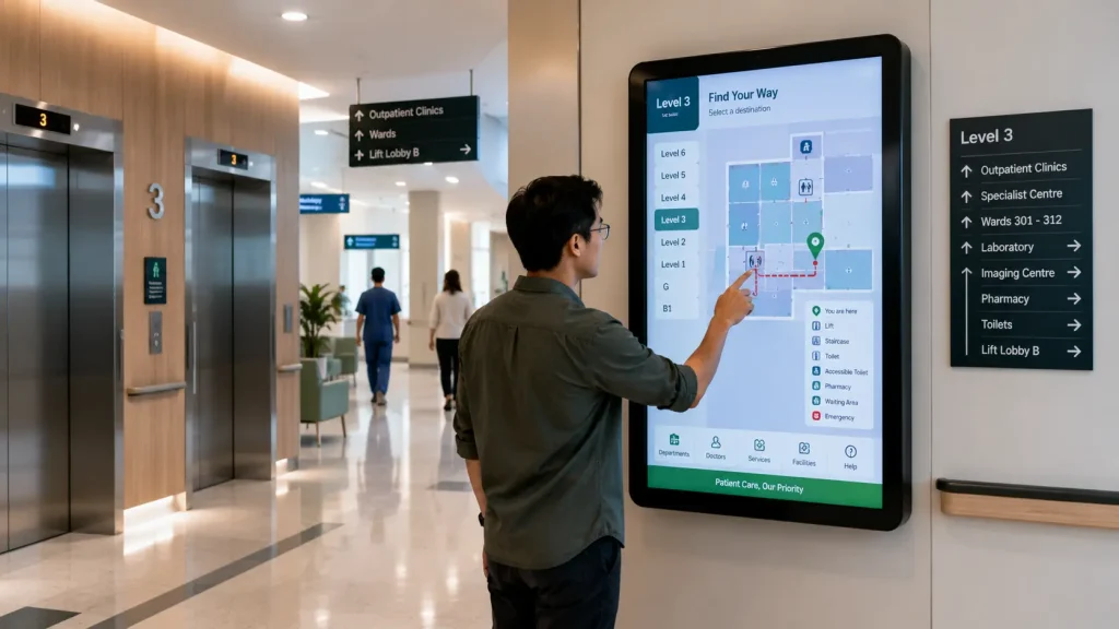 Hospital interactive wayfinding display providing multi-floor navigation near a lift lobby.