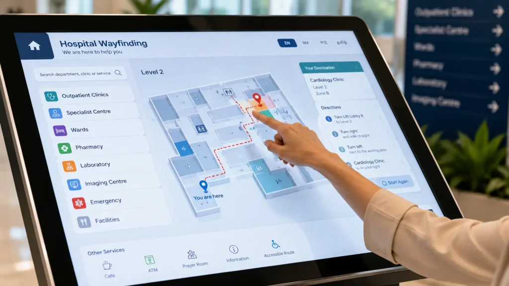 Interactive hospital wayfinding screen displaying a digital floor map and navigation route.