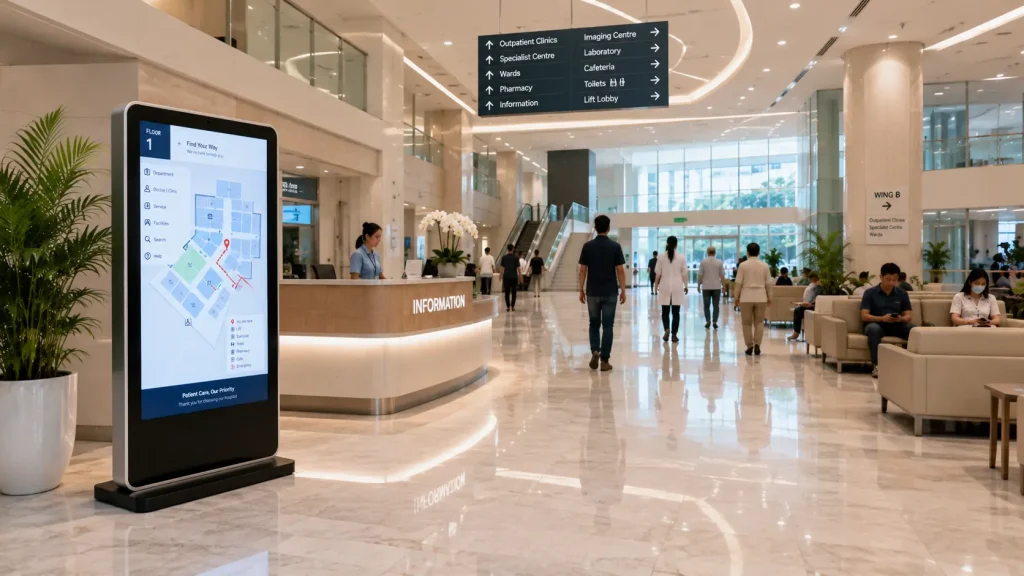 Interactive wayfinding kiosk installed in a modern hospital lobby to assist patients and visitors.