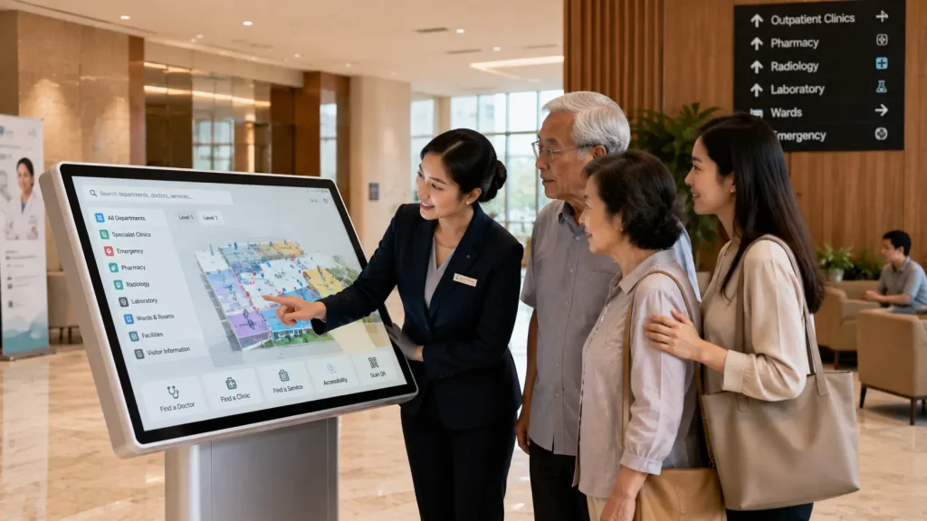 Hospital concierge helping visitors use an interactive hospital map