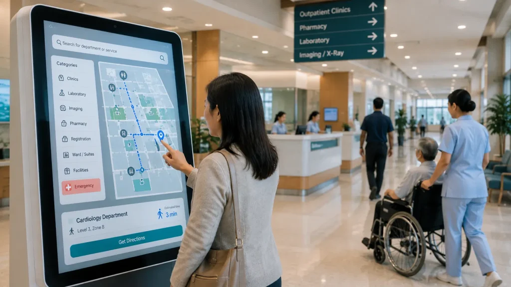 Visitors using an interactive hospital wayfinding touchscreen to locate departments and clinics.