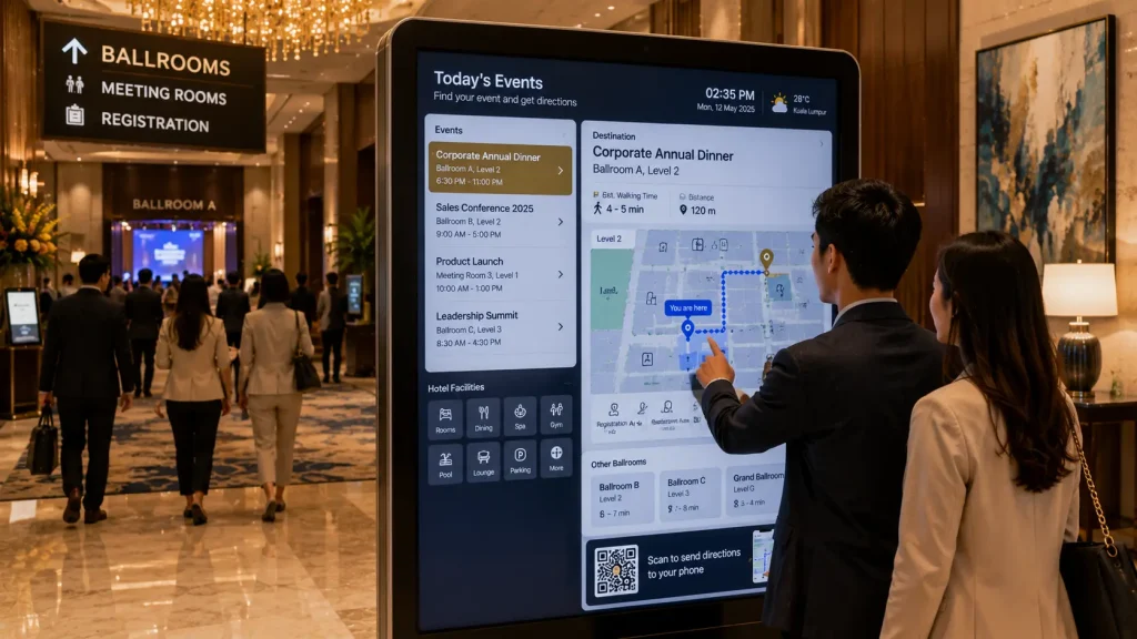 Interactive hotel wayfinding helping corporate event guests locate a ballroom and event venue.