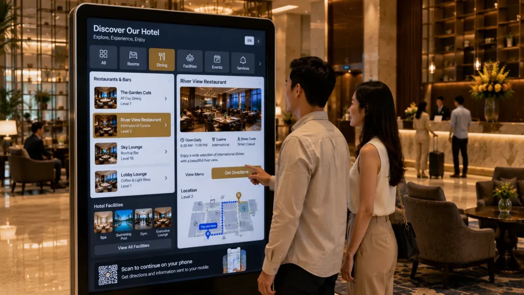Interactive hotel digital concierge helping guests discover restaurants, spa and hotel facilities.