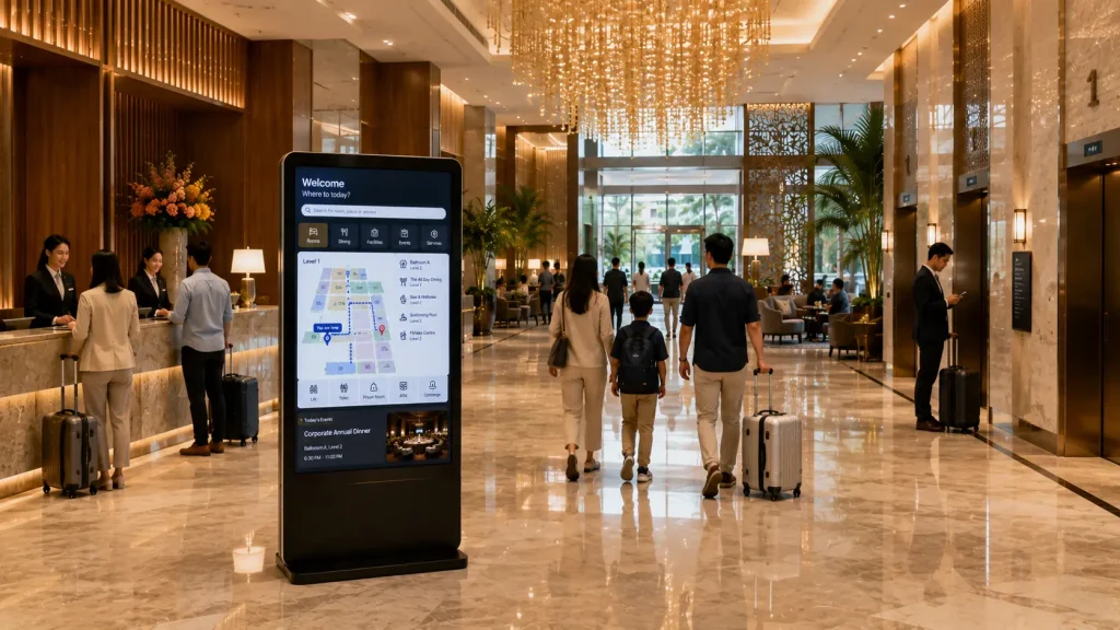 Interactive wayfinding kiosk positioned inside a premium modern hotel lobby.