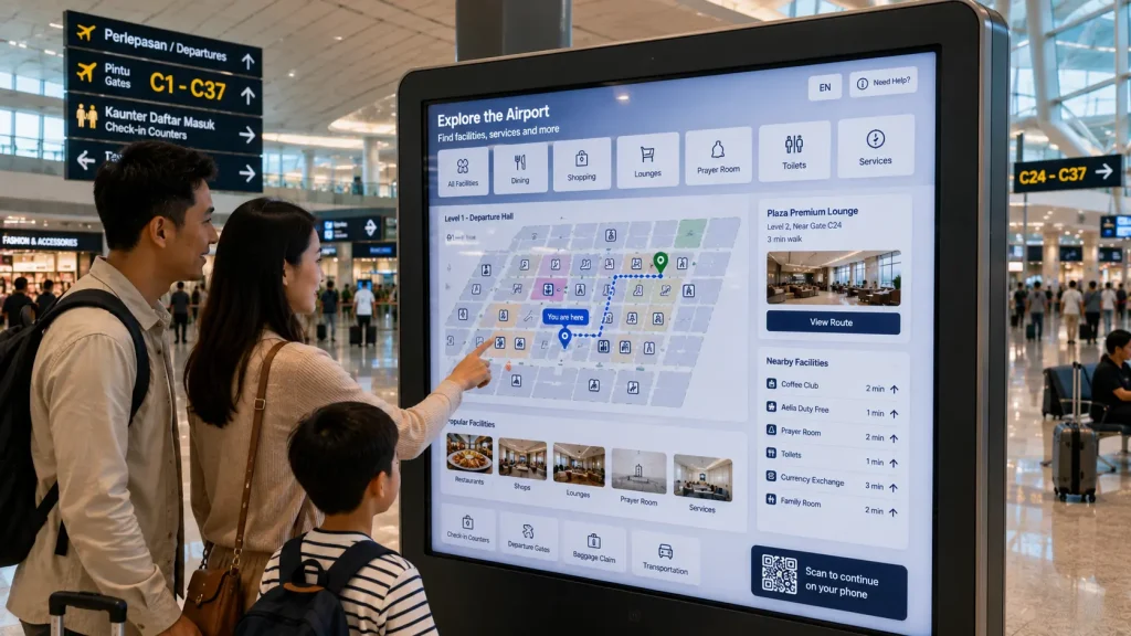 Interactive airport directory helping passengers discover lounges, restaurants and terminal facilities.