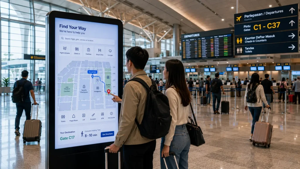 Interactive Airport Wayfinding touchscreen helping passengers navigate gates and facilities in a modern airport terminal.