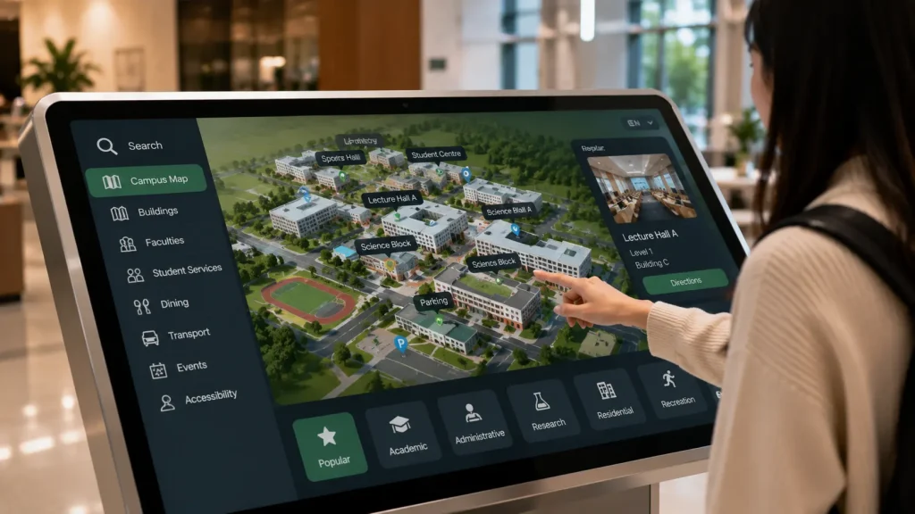 Interactive touchscreen displaying a university campus map and directory