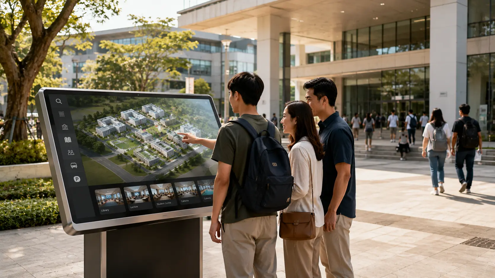 Interactive Campus Map displayed at a modern Malaysian university entrance