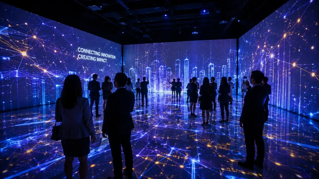 Interactive corporate projection mapping experience in Malaysia responding to visitor movement in real time.