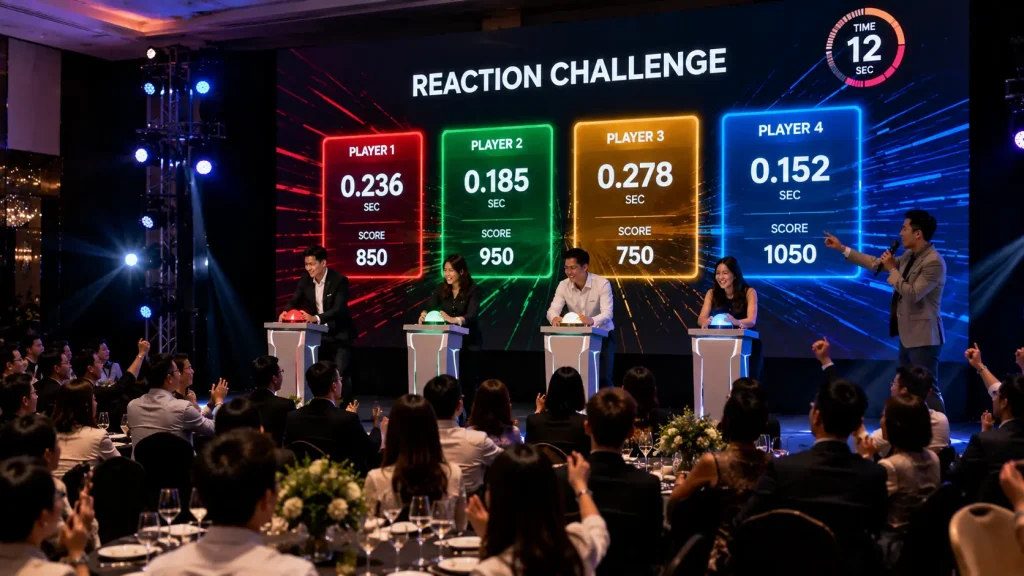 Interactive event ideas using reaction challenges and big screen games at a corporate event in Malaysia.