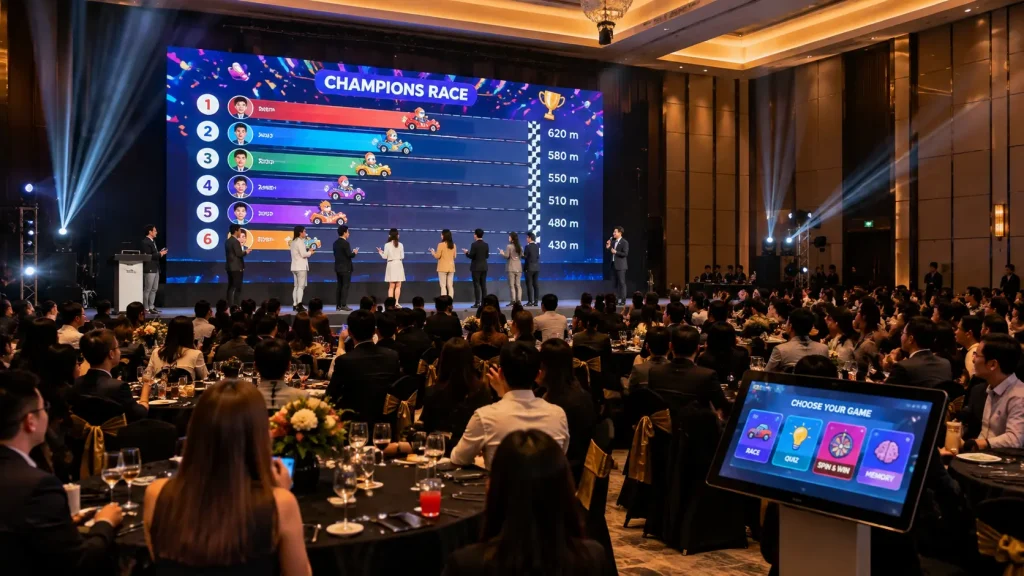 Interactive event technology creating audience engagement at a corporate event in Malaysia.