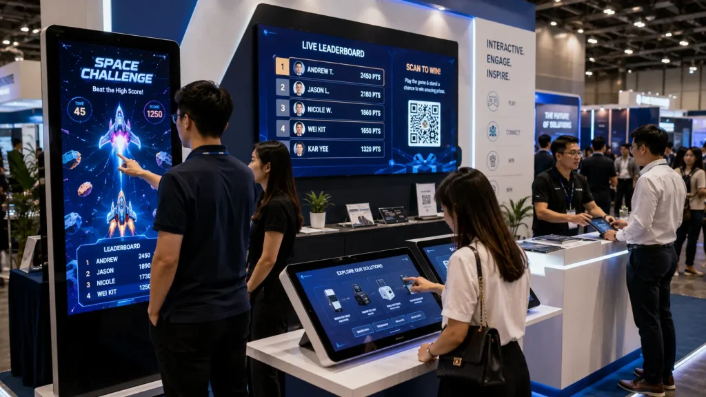 Interactive exhibition setup using touchscreen games, product displays and digital lead collection.
