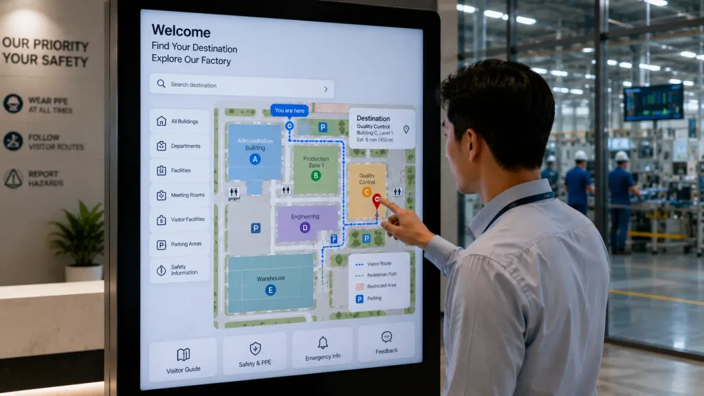 Interactive Factory Wayfinding screen displaying an approved visitor route through a manufacturing facility.