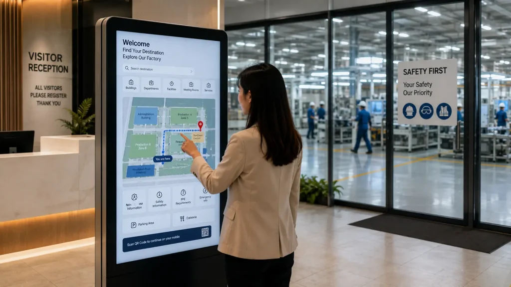 Interactive Factory Wayfinding touchscreen helping visitors navigate a modern manufacturing facility in Malaysia.