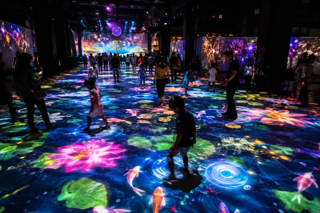 Interactive floor projection in Malaysia responding to visitor movement using motion tracking technology.