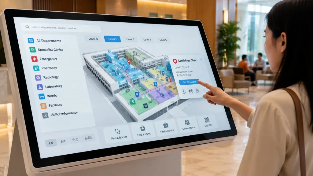 Interactive touchscreen displaying a hospital directory and navigation system