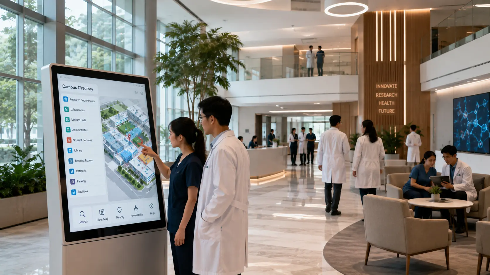 Interactive hospital map kiosk inside a modern Malaysian private hospital