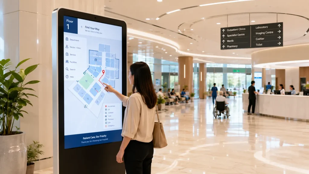 Interactive Hospital Wayfinding touchscreen helping visitors navigate a modern hospital in Malaysia.