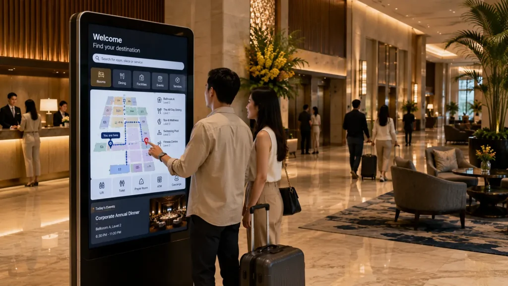 Interactive Hotel Wayfinding touchscreen helping guests locate rooms, ballrooms and hotel facilities in Malaysia.