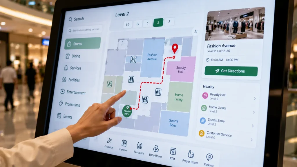 Interactive mall directory showing a digital shopping mall map and route to a selected store.