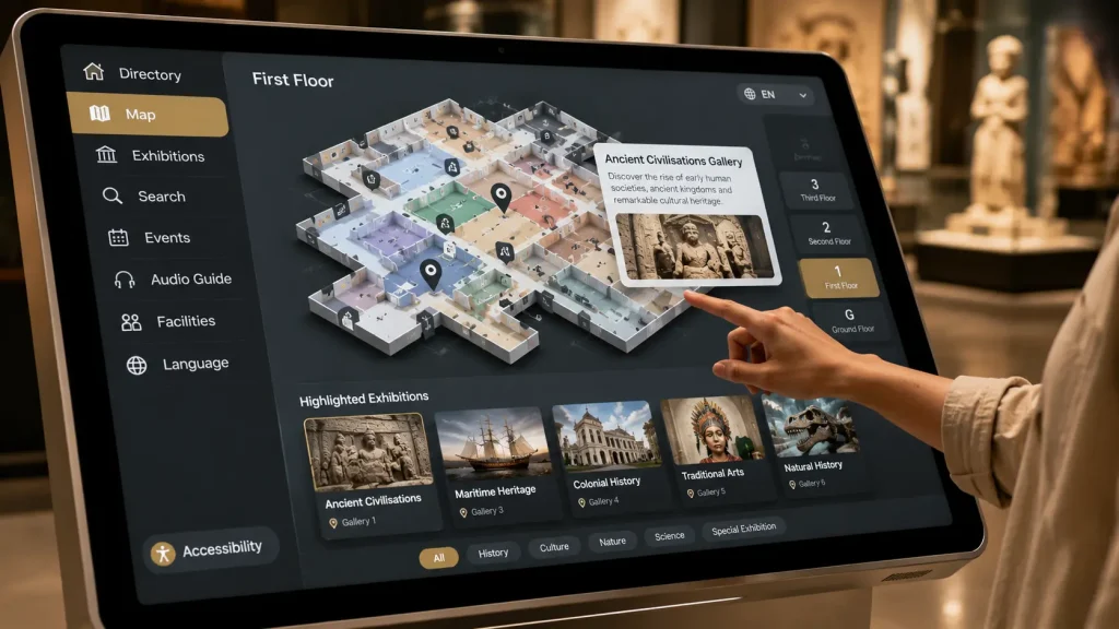 Interactive touchscreen showing a digital museum map and exhibition guide