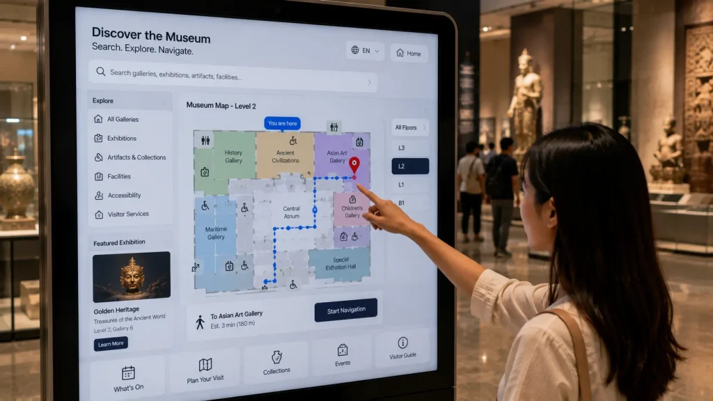 Interactive Museum Wayfinding screen showing galleries, exhibitions and a navigation route.