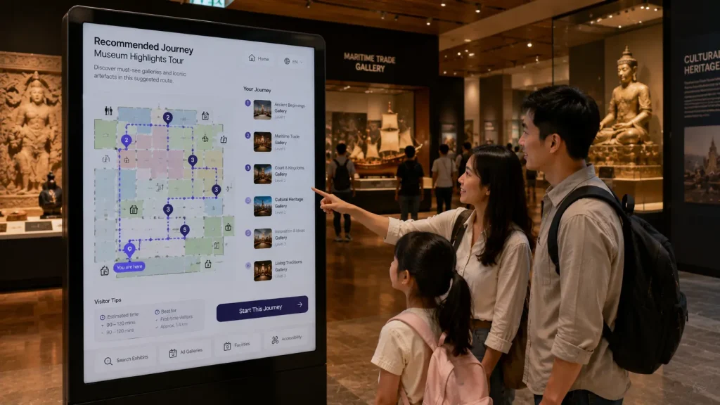Interactive museum wayfinding providing a recommended visitor route through featured exhibitions.
