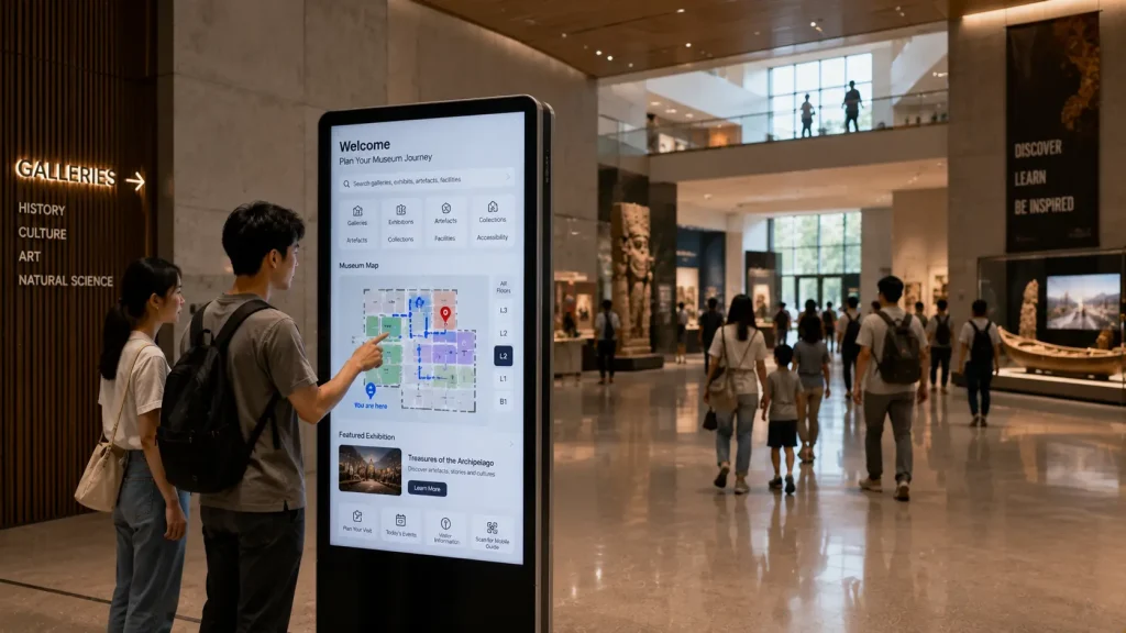 Interactive Museum Wayfinding touchscreen helping visitors navigate galleries and exhibitions in a modern museum.