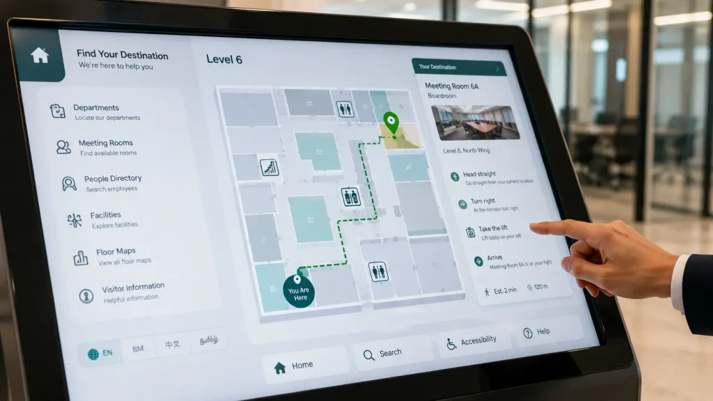 Interactive Office Wayfinding screen displaying a digital office map and route to a meeting room.